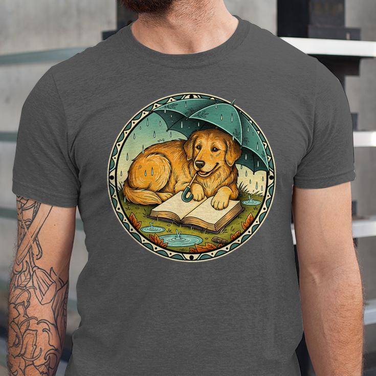 Dog Reading Book Rain Cozy Umbrella Cute Art Men Unisex Jersey T-Shirt Dog Reading Book Rain Cozy Umbrella Cute Art Men Unisex Jersey T-Shirt