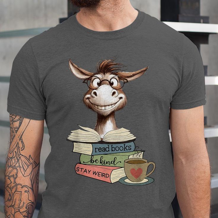 Donkey Reading Book Read Books Be Kind Stay Weird Librarian Unisex Jersey T-Shirt
