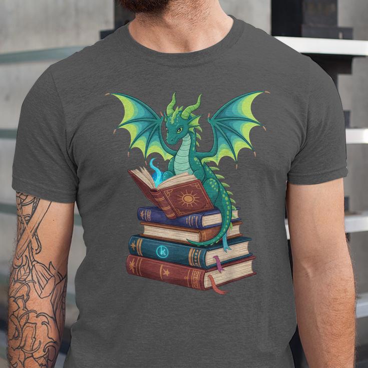 Dragon Reading Books Fantasy Lovers Mythical Creatures Unisex Jersey T-Shirt