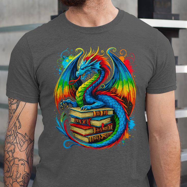 Dragon Reading Colorful Fantasy Book Lover Unisex Jersey T-Shirt