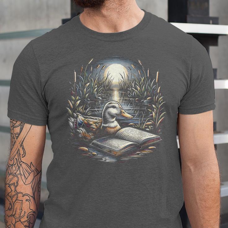 Duck Reading Book Full Moon Lake Scenery Unisex Jersey T-Shirt