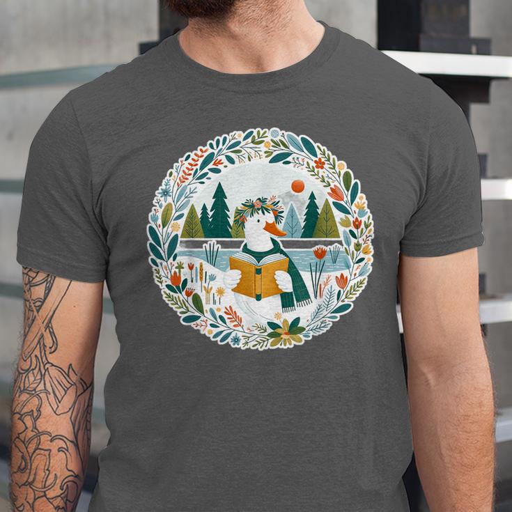 Duck Wilderness Book Reading Illustration Floral Unisex Jersey T-Shirt