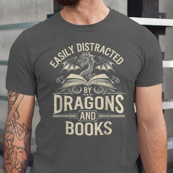 Easily Distracted By Books & Dragons Bookworm Reading Unisex Jersey T-Shirt