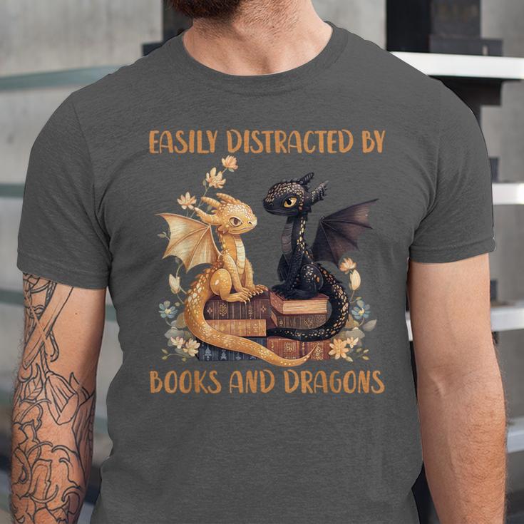 Easily Distracted By Books & Dragons Librarian Book Lover Unisex Jersey T-Shirt Easily Distracted By Books & Dragons Librarian Book Lover Unisex Jersey T-Shirt