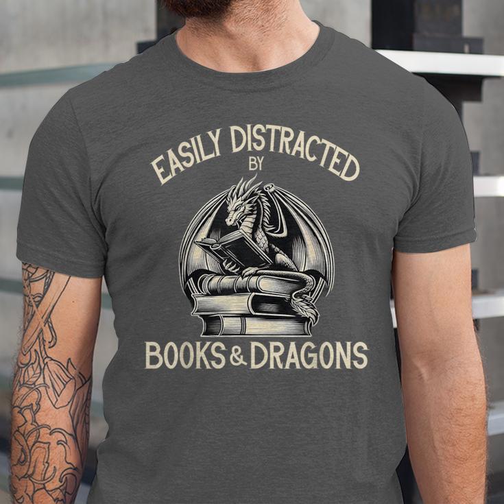 Easily Distracted By Books And Dragons Book Dragon Lover Unisex Jersey T-Shirt