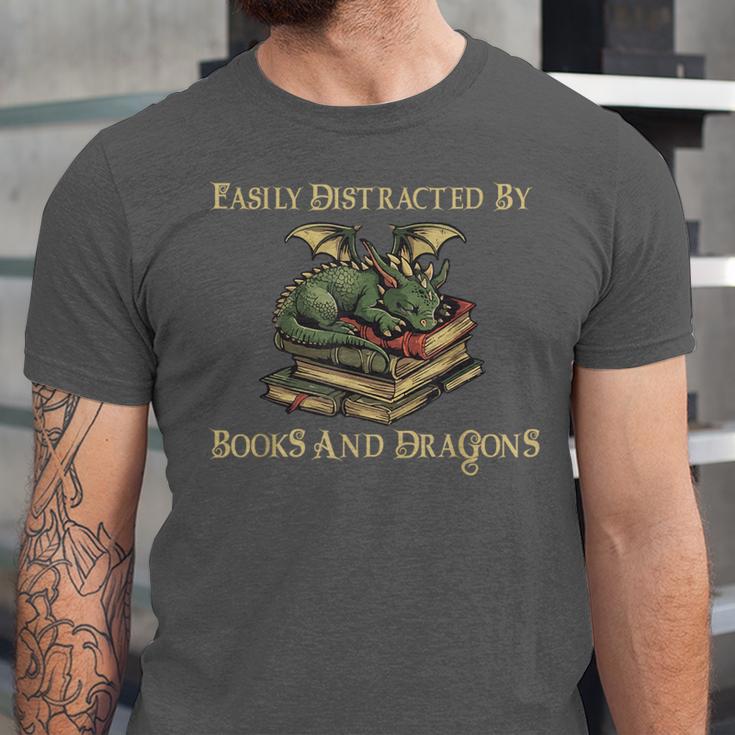 Easily Distracted By Books And Dragons Graphic Unisex Jersey T-Shirt