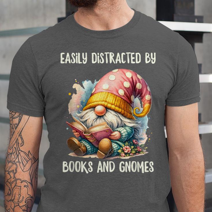 Easily Distracted By Books And Gnomes Book Reading Gnome Unisex Jersey T-Shirt Easily Distracted By Books And Gnomes Book Reading Gnome Unisex Jersey T-Shirt