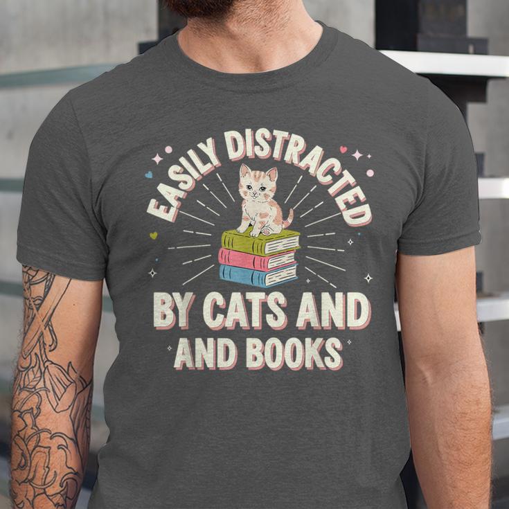 Easily Distracted By Cats & Books Tee Reader Book Worm Unisex Jersey T-Shirt