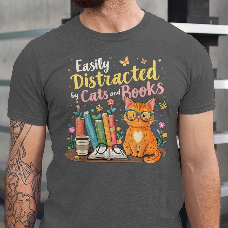Easily Distracted By Cats And Books Book & Cat Lover Unisex Jersey T-Shirt Easily Distracted By Cats And Books Book & Cat Lover Unisex Jersey T-Shirt