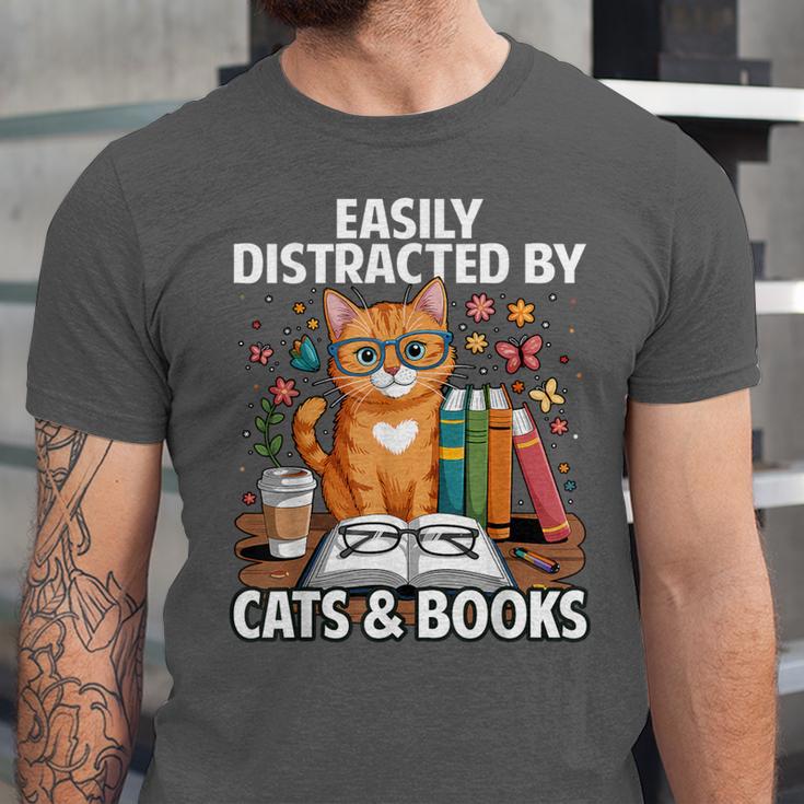 Easily Distracted By Cats And Books Book Lover Cat Unisex Jersey T-Shirt