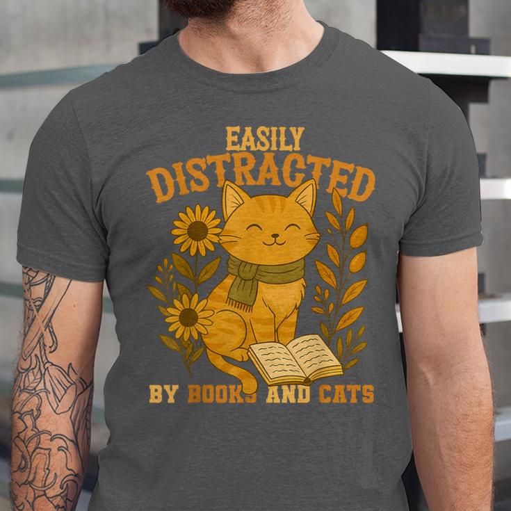 Easily Distracted By Cats And Books Cute Cat Book Lover Unisex Jersey T-Shirt