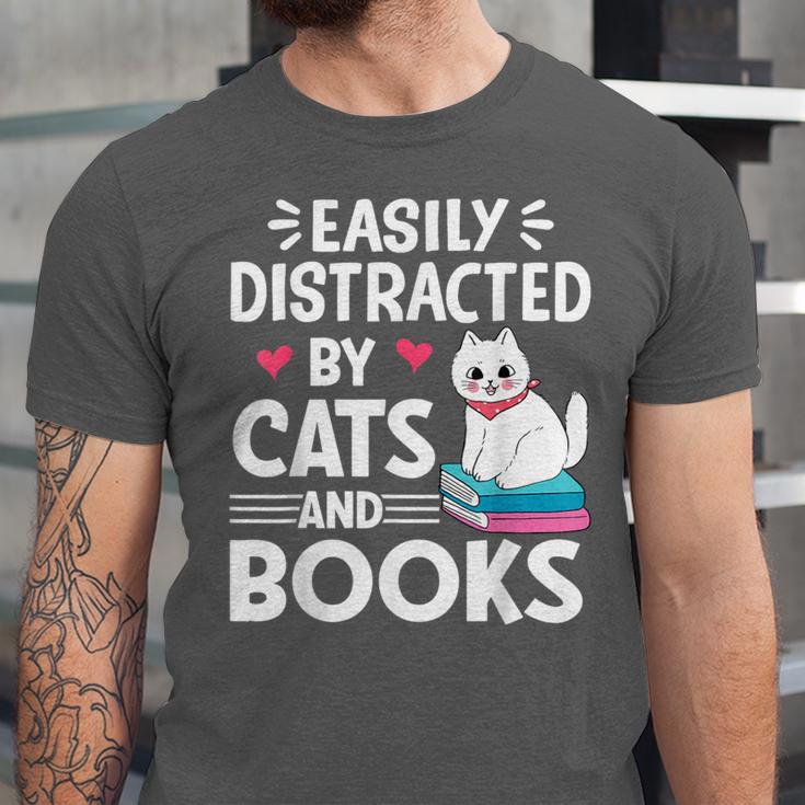 Easily Distracted By Cats And Books Cute Cat And Book Lovers Unisex Jersey T-Shirt