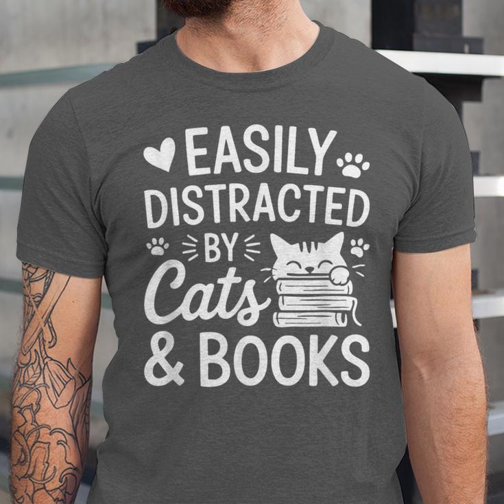 Easily Distracted By Cats And Books Reading Apparel Unisex Jersey T-Shirt