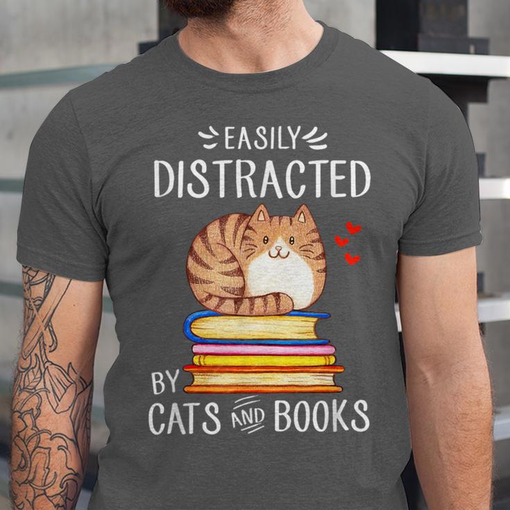 Easily Distracted By Cats And Books Reading Lover Bookish Unisex Jersey T-Shirt Easily Distracted By Cats And Books Reading Lover Bookish Unisex Jersey T-Shirt