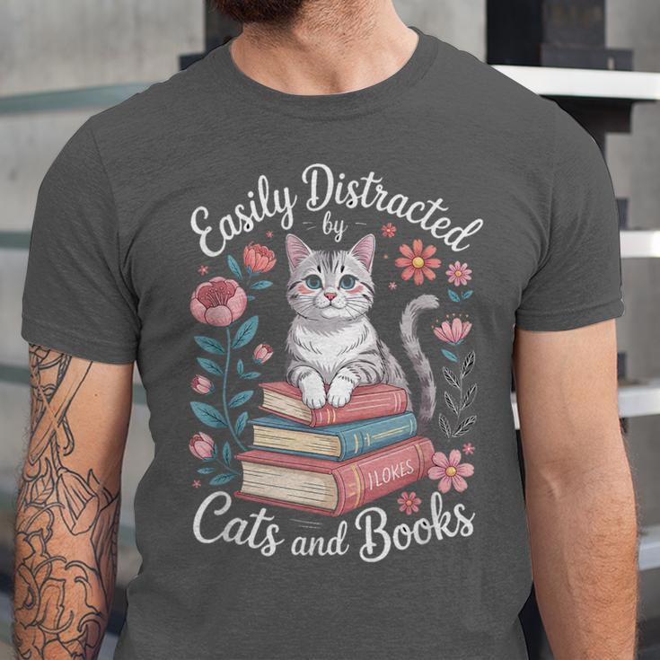 Easily Distracted By Cats And Books Reading Unisex Jersey T-Shirt