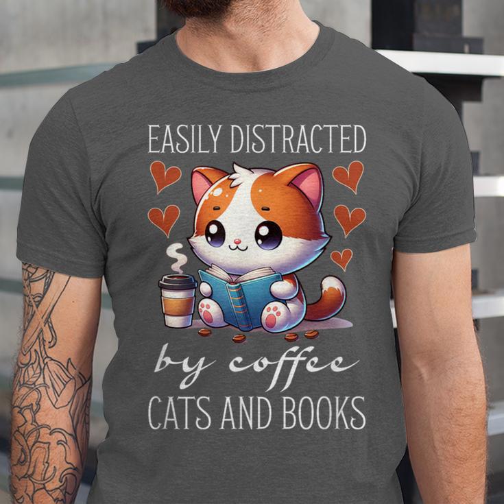 Easily Distracted By Coffee Cats And Books Unisex Jersey T-Shirt
