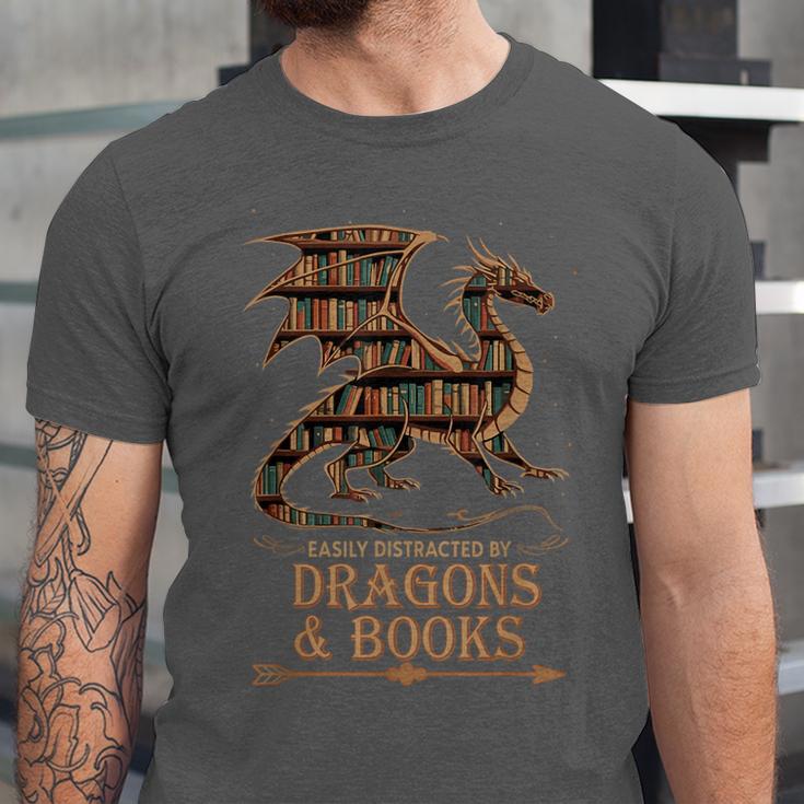 Easily Distracted By Dragons And Books Library Dragon Lover Unisex Jersey T-Shirt