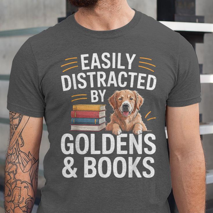 Easily Distracted By Goldens & Books Golden Retriever Dog Unisex Jersey T-Shirt