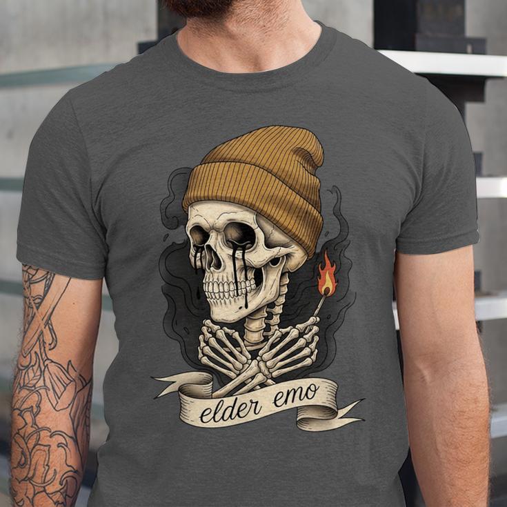 Elder Emo Skeleton Beanie Nostalgia Scene Aesthetic Unisex Jersey T-Shirt