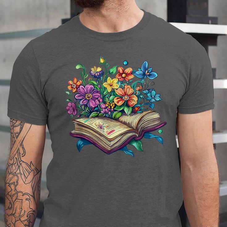 Enchanted Open Book With Blooming Flowers Unisex Jersey T-Shirt Enchanted Open Book With Blooming Flowers Unisex Jersey T-Shirt