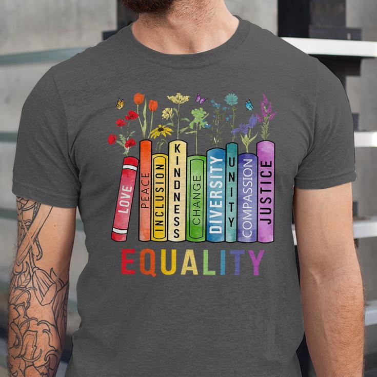 Equality Books Peace Love Compassion LGBT Gay Lesbian Pride Unisex Jersey T-Shirt Equality Books Peace Love Compassion LGBT Gay Lesbian Pride Unisex Jersey T-Shirt