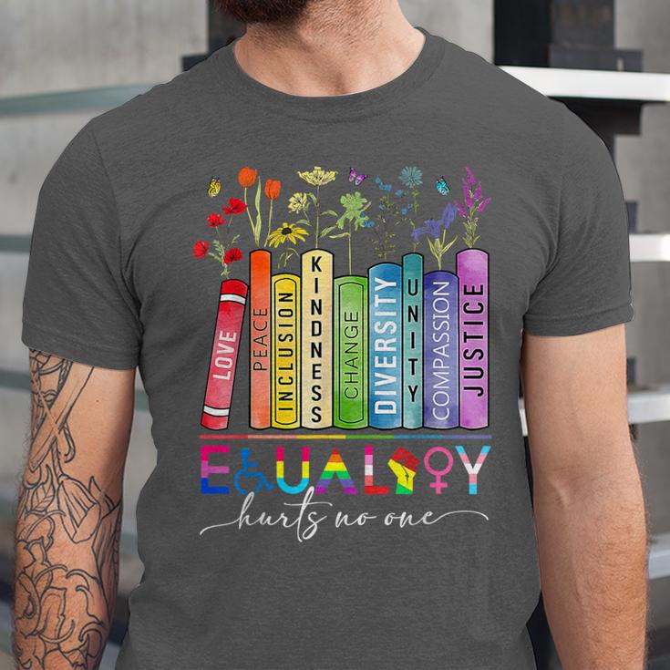 Equality Hurts No One Floral Books LGBTQ Gay Les Pride Month Unisex Jersey T-Shirt Equality Hurts No One Floral Books LGBTQ Gay Les Pride Month Unisex Jersey T-Shirt