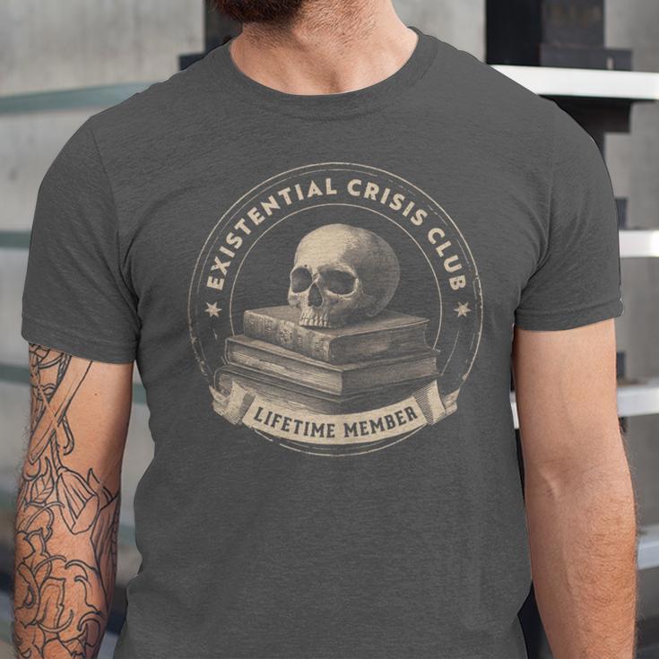 Existential Crisis Club Lifetime Member Skull And Books Unisex Jersey T-Shirt