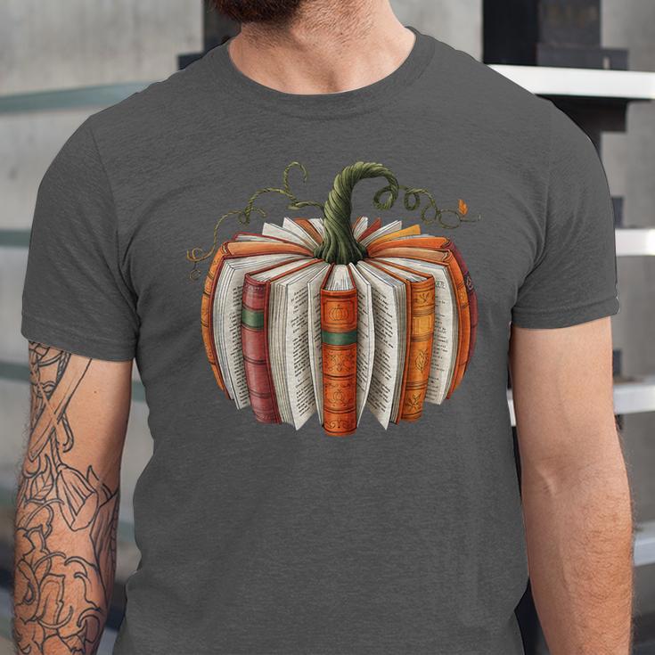 Fall Book Pumpkin Halloween Teacher Librarian Thanksgiving Unisex Jersey T-Shirt