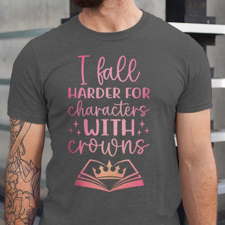 I Fall For The Characters WCrowns Fantasy Book Lover Tee Unisex Jersey T-Shirt I Fall For The Characters WCrowns Fantasy Book Lover Tee Unisex Jersey T-Shirt