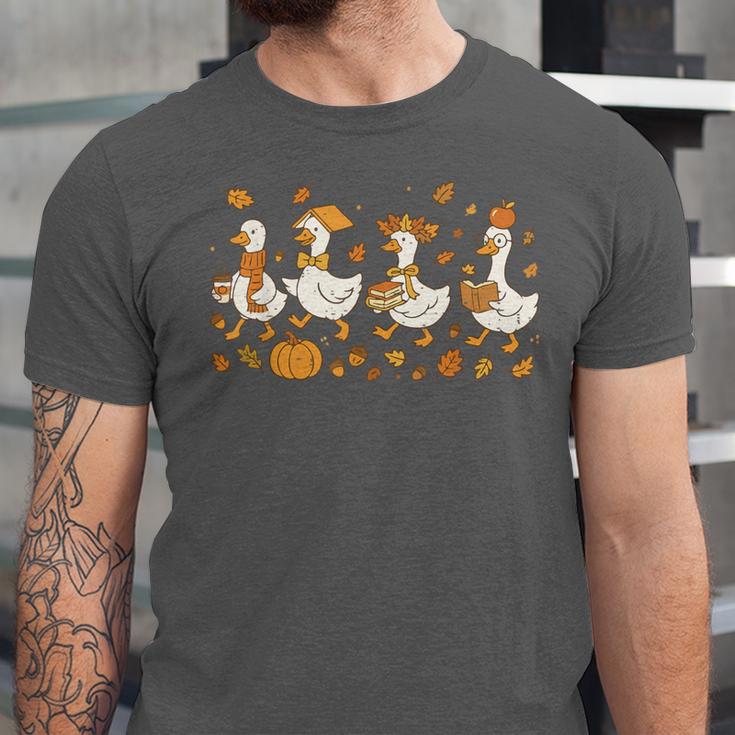 Fall Goose Reading Book Teacher Autumn Pumpkin Cozy Season Unisex Jersey T-Shirt