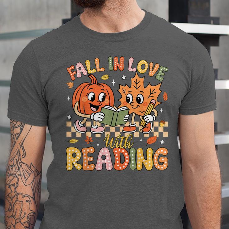 Fall In Love With Reading Autumn Pumpkin Teacher Book Lover Unisex Jersey T-Shirt