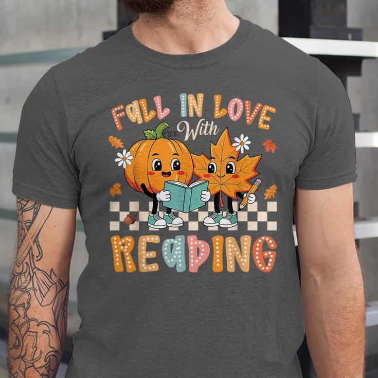 Fall In Love With Reading Thanksgiving Pumpkin Book Lover Unisex Jersey T-Shirt
