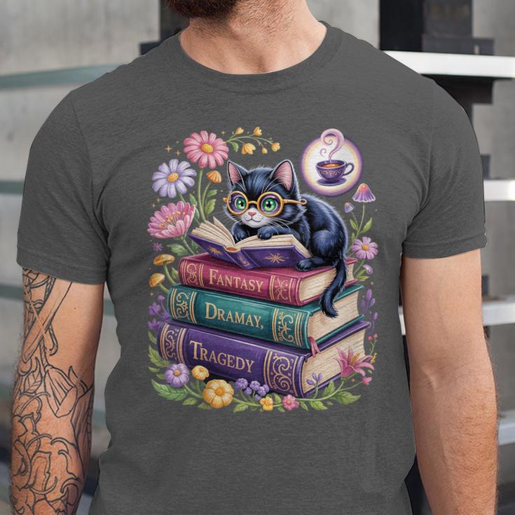 Fantasy Drama Tragedy Cute Cat Book Lover Readers Librarians Unisex Jersey T-Shirt