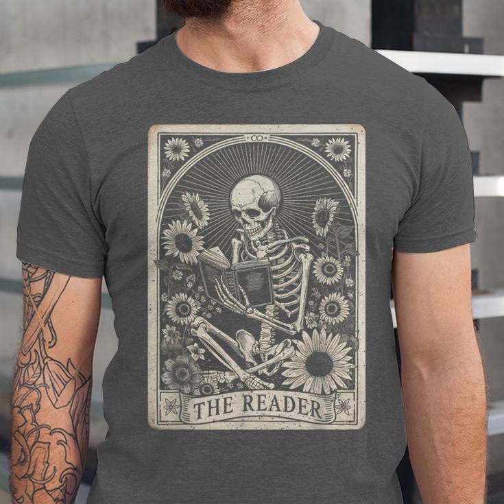 Floral The Reader Tarot Card Skeleton Reading Book Unisex Jersey T-Shirt