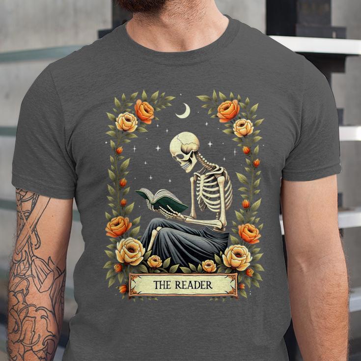 Floral Tarot Card The Reader Skeleton Reading Book Unisex Jersey T-Shirt