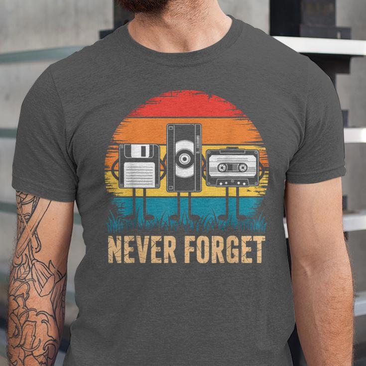 Never Forget Retro 80s 90s Floppy VHS Cassette Nostalgia Unisex Jersey T-Shirt Never Forget Retro 80s 90s Floppy VHS Cassette Nostalgia Unisex Jersey T-Shirt