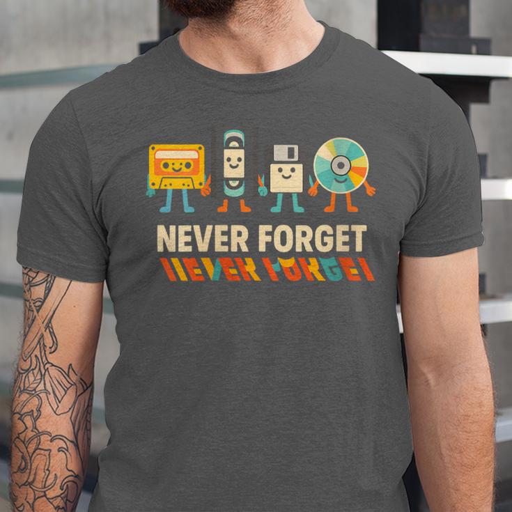 Never Forget Retro Cassette VHS Floppy CD Nostalgia Humor Unisex Jersey T-Shirt Never Forget Retro Cassette VHS Floppy CD Nostalgia Humor Unisex Jersey T-Shirt