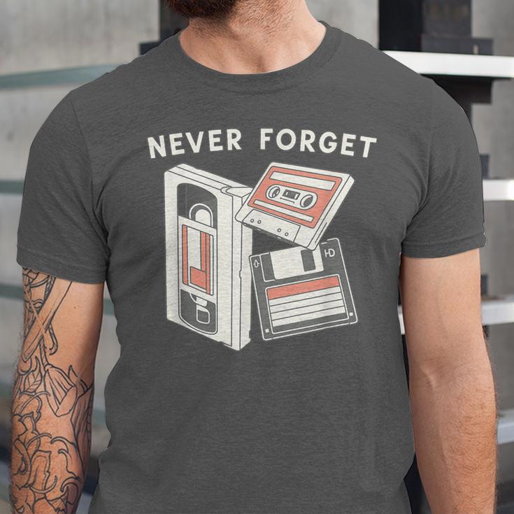 Never Forget VHS Tape Cassette Floppy Disk Nostalgia 80s 90s Unisex Jersey T-Shirt
