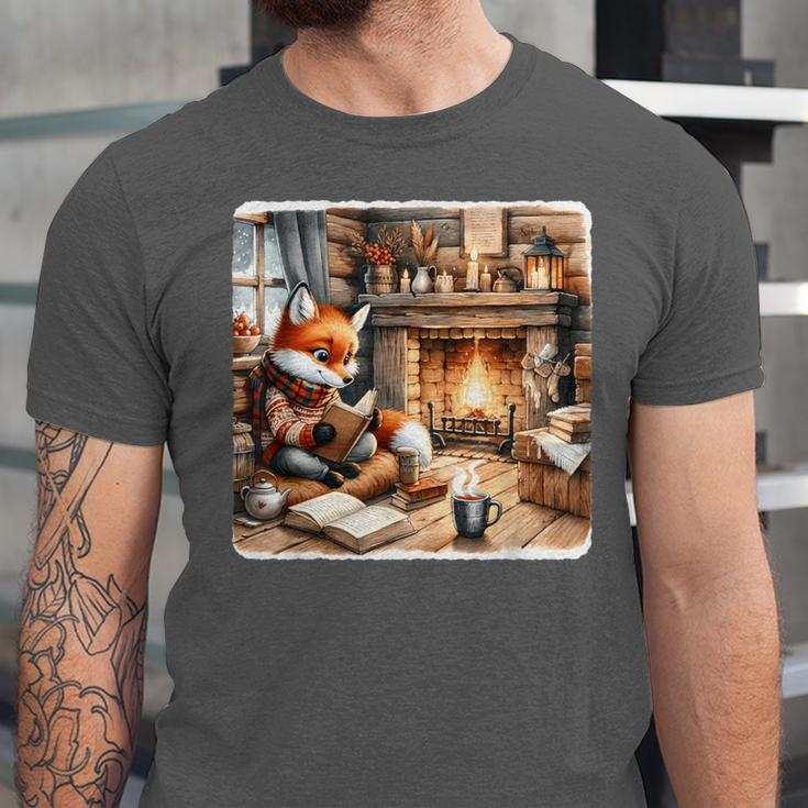 Fox Reads By Fireplace In Cabin Rustic Book Cozy Cup Tea Unisex Jersey T-Shirt