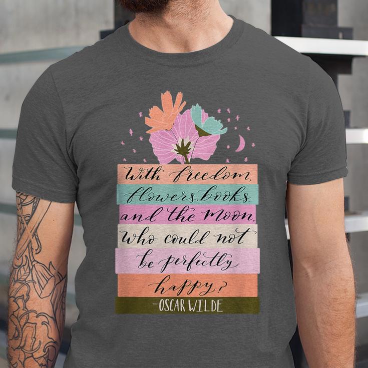 With Freedom Flowers Books And The Moon Unisex Jersey T-Shirt With Freedom Flowers Books And The Moon Unisex Jersey T-Shirt