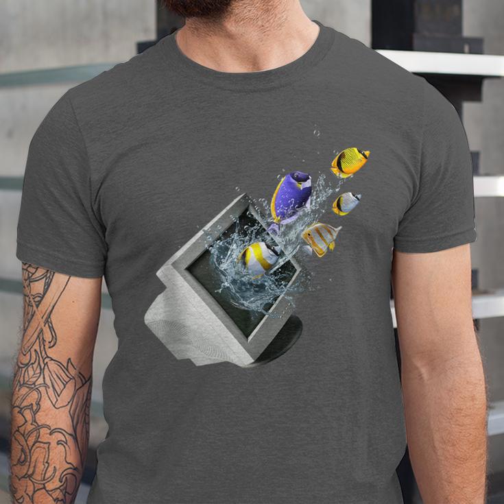 Frutiger Aero Aesthetic Tech Computer Aquarium Fishes Unisex Jersey T-Shirt