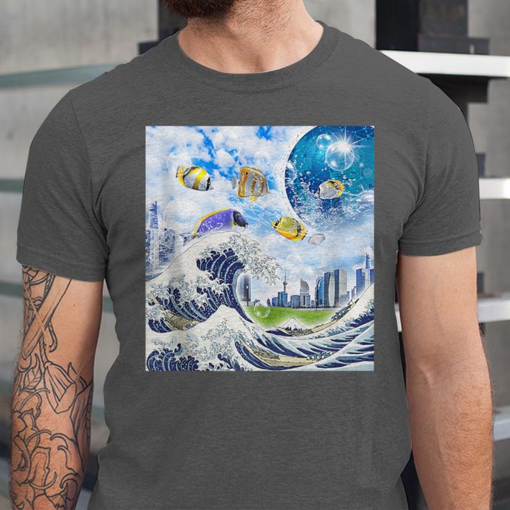 Frutiger Aero Aesthetic Tech Great Wave Of Kanagawa Fishes Unisex Jersey T-Shirt Frutiger Aero Aesthetic Tech Great Wave Of Kanagawa Fishes Unisex Jersey T-Shirt