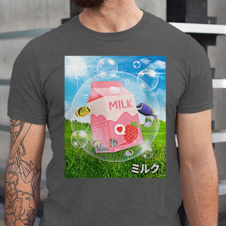 Frutiger Aero Aesthetic Tech Kawaii Strawberry Milk Fishes Unisex Jersey T-Shirt Frutiger Aero Aesthetic Tech Kawaii Strawberry Milk Fishes Unisex Jersey T-Shirt