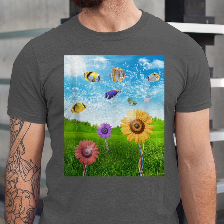 Frutiger Aero Aesthetic Tech Scenery Fishes Sunflower Unisex Jersey T-Shirt