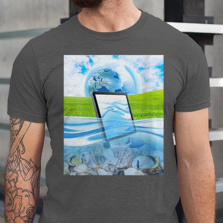 Frutiger Aero Aesthetic Tech Water Fishes Monitor Screen Unisex Jersey T-Shirt Frutiger Aero Aesthetic Tech Water Fishes Monitor Screen Unisex Jersey T-Shirt