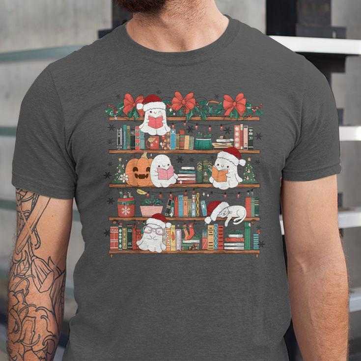 Ghost Christmas Reading Book Lover Library Christmas Teacher Unisex Jersey T-Shirt