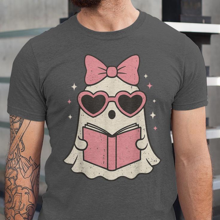 Ghost Reading Book Halloween Cat Lover Unisex Jersey T-Shirt