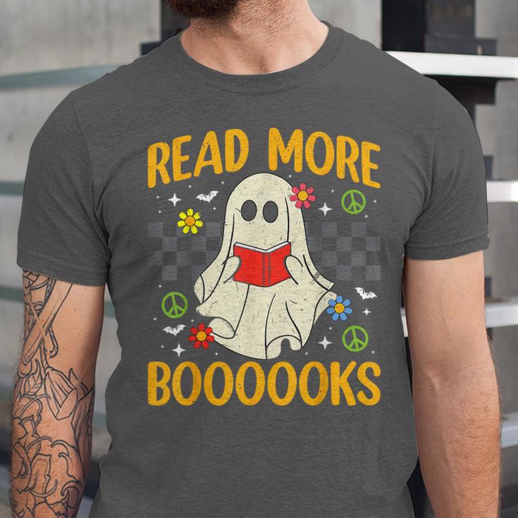 Ghost Reading Books Teacher Student Halloween Read More Book Unisex Jersey T-Shirt