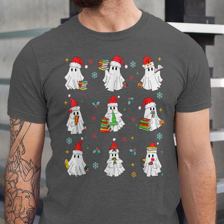 Ghosts Wearing Santa Hats Reading Books Christmas Book Lover Unisex Jersey T-Shirt Ghosts Wearing Santa Hats Reading Books Christmas Book Lover Unisex Jersey T-Shirt
