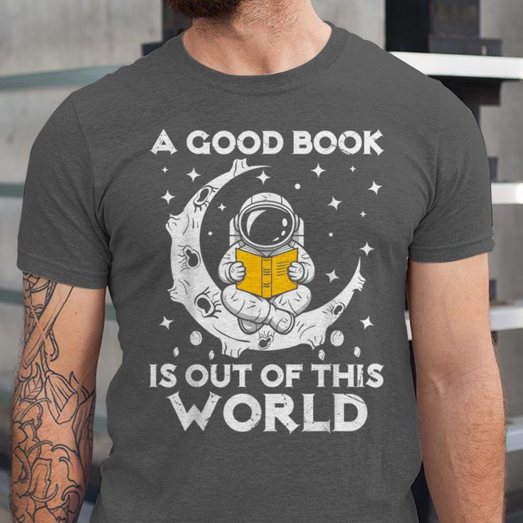 Good Book Is Out Of This World Astronaut Moon Space Reading Unisex Jersey T-Shirt